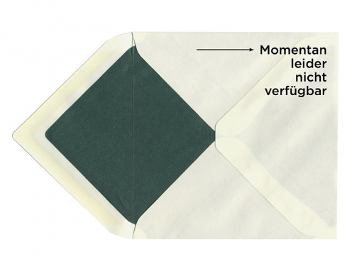 Briefumschlag im Format 165 x 165 mm mit grünem Seidenpapier gefüttert.