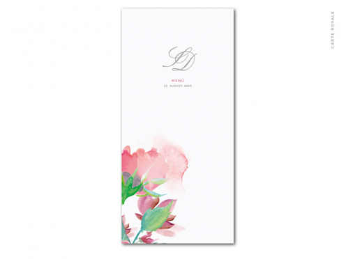 Menükarten mit in Pastellfarben gemalten Blüten gedruckt auf hochwertigem Feinstpapier von GMUND.