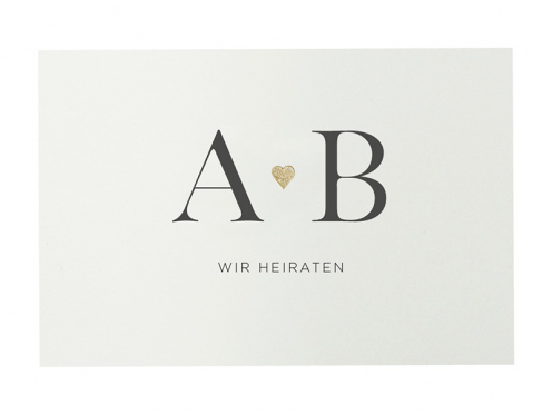 Elegante Hochzeitskarten mit Monogramm und goldenem Herz.