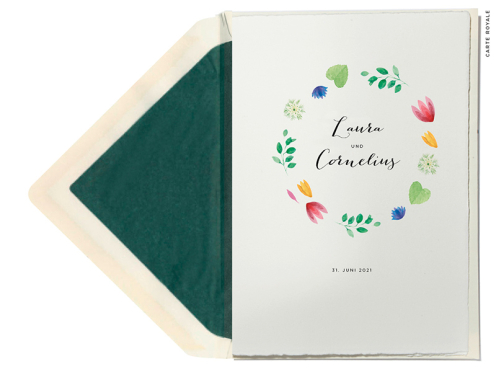 Die „Summerdream“ Hochzeitseinladung vereint farbenfrohe Blüten mit edlem Büttenpapier. Ein stilvolles Design für den schönsten Tag Ihres Lebens.