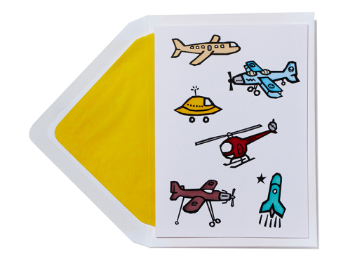 Geburtskarte mit Ufos und Flugzeuge inkl. gelb gefüttertem Briefumschlag.