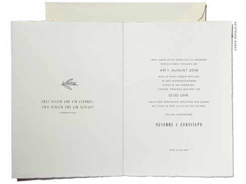 Individuelle Hochzeitseinladung mit Gardasee als Aquarellzeichnung und Goldfolienprägung.