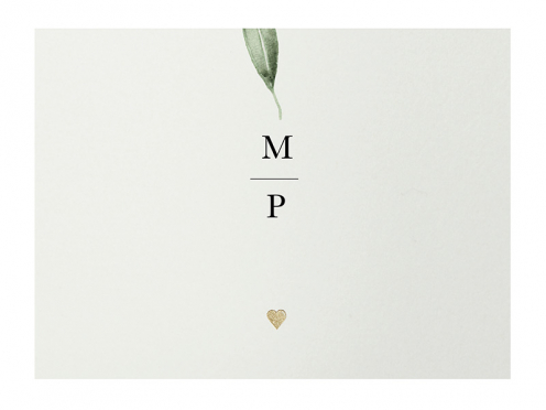 Hochzeitseinladung mit Olivenblatt in Aquarell, Gold geprägtes Herz, gedruckt auf feinem Büttenpapier.