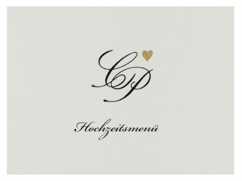 Stilvolle Menükarten mit Goldprägung für Ihre festliche Hochzeitstafel, veredelt auf hochwertigem Büttenpapier mit echten Büttenrändern und einer halbmatt crème-weißen Oberfläche.