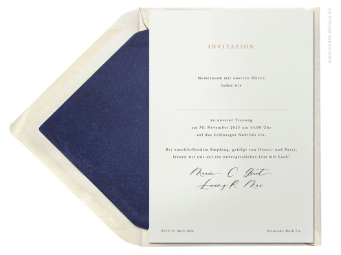 Einladungen gedruckt auf Premium Feinstpapier mit edler "Invitation" Goldprägung veredelt.