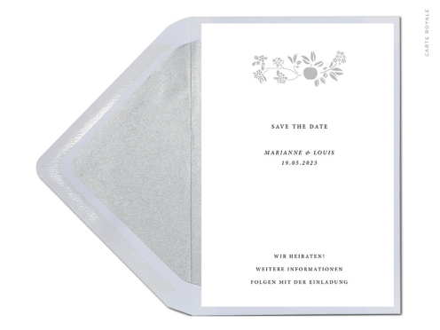 Save-the-Date mit silber geprägten Blütenzweig inkl. Briefumschlag.