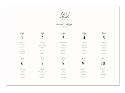 Tischplan im A3+ Format, passend zur Hochzeitspapeterie, gedruckt auf Feinstpapier mit goldener Prägung.
