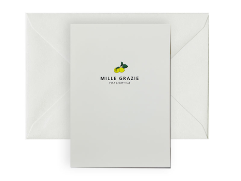 Danksagungskarte zur Hochzeit – ein stilvoller Gruß mit Zitronenillustrationen und schlichtem Design, der bei Ihren Gästen im mediterranen Flair schöne Erinnerungen weckt.