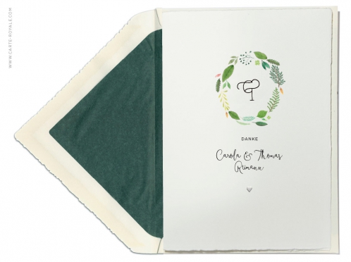 Danksagungskarte mit Blättern in grünen Aquarellfarben, Büttenpapier.