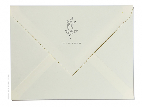 Schlichte, elegante Din A5 Hochzeitskarten mit Blatt-Illustration auf der Karte und Umschlagsspitze, gedruckt auf edlem Büttenpapier mit echten Büttenkanten.