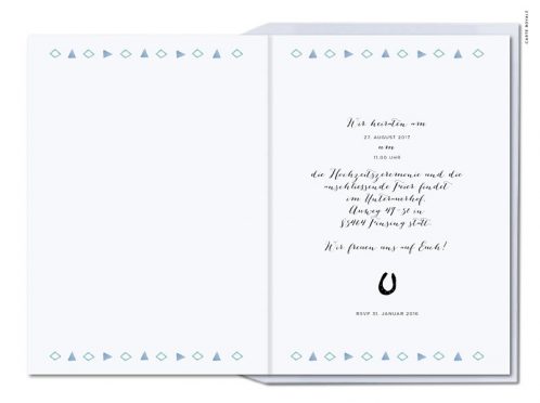 Hochzeitskarten im Boho-Stil mit Tipi-Zelt und Hufeisen.