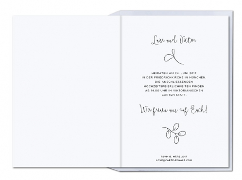 Schwarz-weiß illustrierte Einladungen mit Blättern und goldener Prägung.