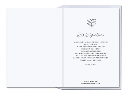Hochzeitseinladung mit illustriertem Palmenblatt und kalligrafischen Initialen.