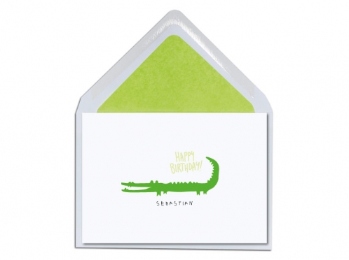 Geburtskarte mit grünem Krokodil inkl. Briefkuvert mit hellgrünem Futter.