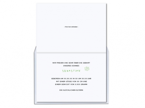 Geburtskarte mit grünem Krokodil inkl. Briefkuvert mit hellgrünem Futter.