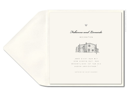 Quadratische Hochzeiteinlandungskarten mit illustriertem Olivenzweig und geprägtem Herz - perfekt für eine Hochzeit im Süden. Personalisierbar ab 20 Einladungen.