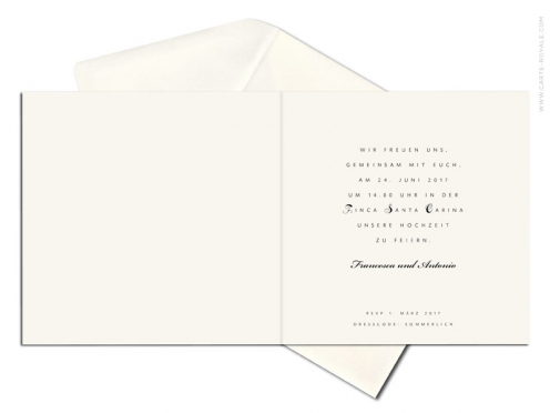 Quadratische Hochzeiteinlandungskarten mit illustriertem Olivenzweig und geprägtem Herz - perfekt für eine Hochzeit im Süden. Personalisierbar ab 20 Einladungen.