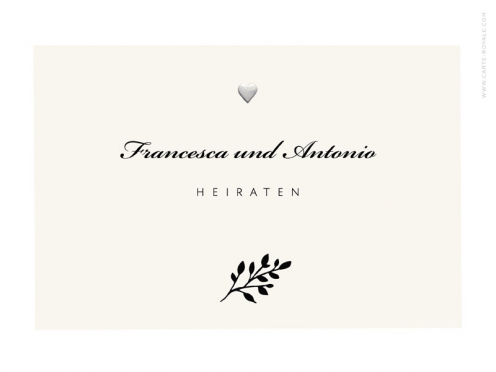 Quadratische Hochzeiteinlandungskarten mit illustriertem Olivenzweig und geprägtem Herz - perfekt für eine Hochzeit im Süden. Personalisierbar ab 20 Einladungen.