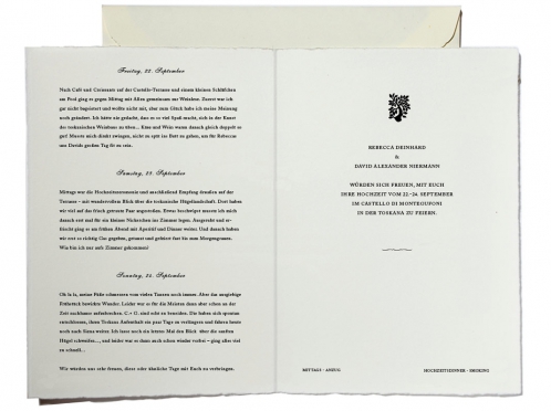Feine Tusche-Illustrationen auf edlem Büttenpapier. Die Einladung versprüht toskanisches Flair und verbindet klassische Eleganz mit kunstvollem Design.