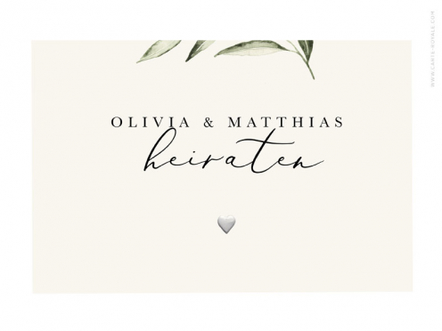 Hochzeitseinladungskarten im Greenery-Look mit Olivenzweig in sanften Grüntönen und schlichter Typografie mit Blindprägung – personalisier ab 20 Einladungen.