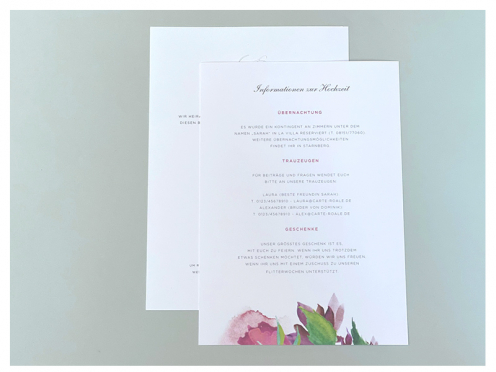 Einlegekarte zur Hochzeitseinladung mit Pastell Blumen in Aquarell gemalt. Das Design harmoniert perfekt zur Einladung.