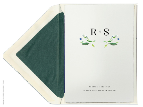 Heiraten im Mai: Maiglöckchen-Aquarell-Zeichnung als Einladung zur Hochzeit, gedruckt und Silber geprägt auf feinstem Büttenpapier – ein freudiger Tanz in den Mai!