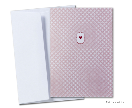 hochwertige Save-the-Date Karte mit rotem Herz und Muster, Briefumschlag in weiß mit gerader Lasche, Rückseite der Karte