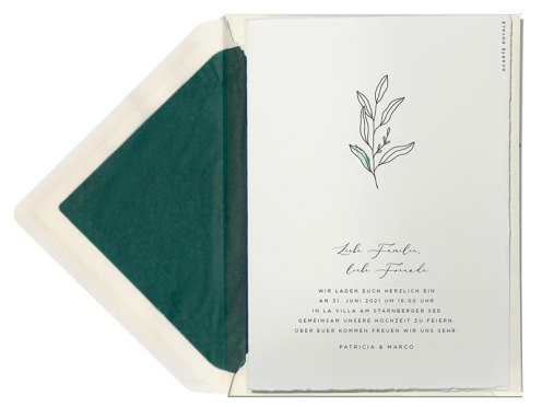 Schlichte, elegante Din A5 Hochzeitskarten mit Blatt-Illustration auf der Karte und Umschlagsspitze, gedruckt auf edlem Büttenpapier mit echten Büttenkanten.