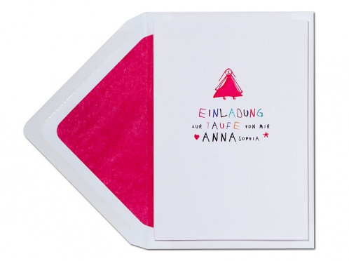 Taufeinladung in Lieblingsfarben mit pink gefüttertem Briefumschlag.