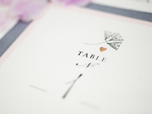 Tischnummern mit Pusteblumen, gedruckt auf feinstem Büttenpapier & goldenem Herz.