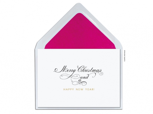 Erstmal mit einer kleinen Überraschung in Pink aus der Reihe tanzen. Edle Weihnachtskarte mit goldener Heißfolienprägung.