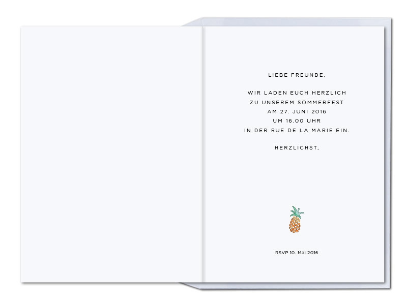 Personalisierbare Einladungskarten mit illustrierter Ananas und grün gefüttertem Briefumschlag.
