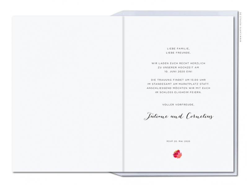 Einladung zur Hochzeit mit Blumen in Aquarell, Kalligrafie und Goldprägung.