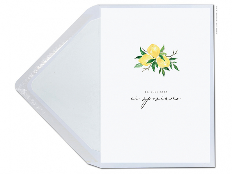 Hochzeitskarte mit Zitronen in zarten Aquarellfarben. Gedruckt auf Premium Papier von GMUND.