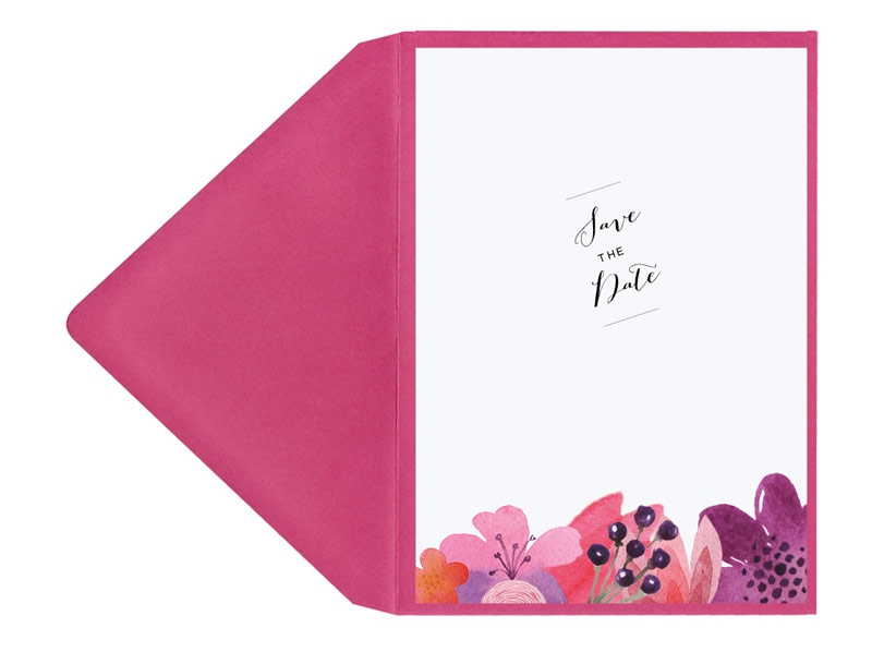 Save-the-Date Karte mit Blumen in Aquarellfarben und pinkem Briefumschlag.