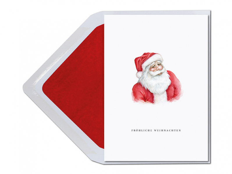 In Aquarell gemalter Weihnachtsmann mit langem weißen Bart und roter Mütze. Druck auf Feinstpapier inklusive rot gefütterten Umschlag.