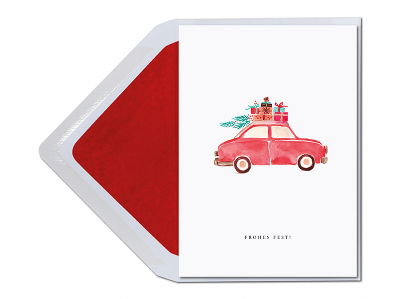 Fröhliche Weihnachtskarte mit rotem Auto und vielen Geschenke bealden in liebevoller Aquarellzeichnung.