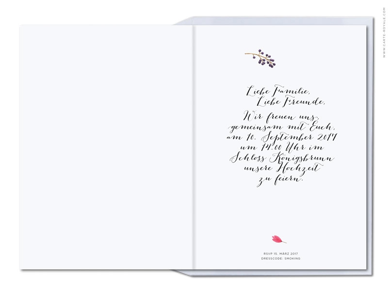 Kalligrafie Einladungen mit gemalten Blumen, Federn und Trauben.