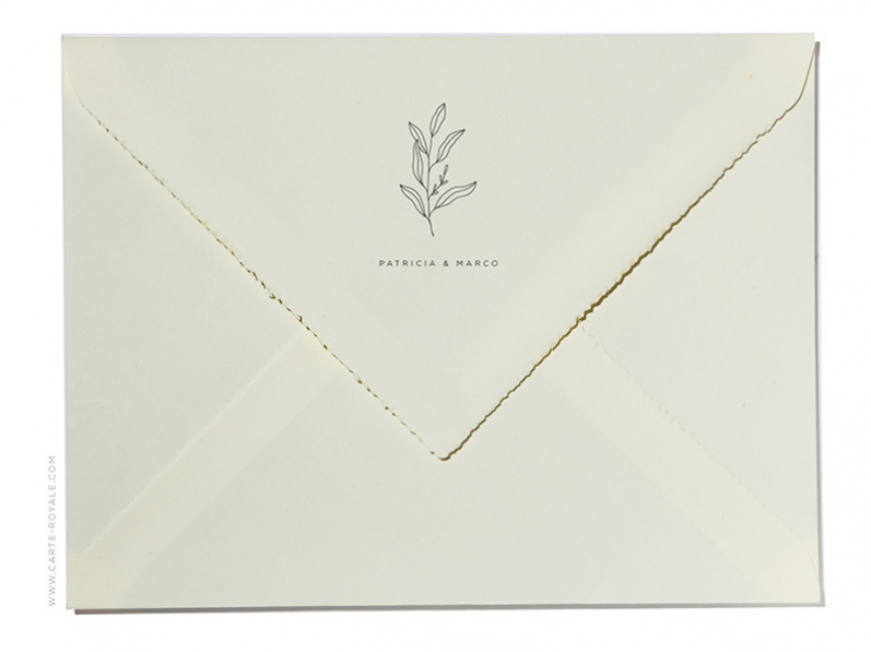 Einseitige bedruckte Hochzeitseinladung mit Blatt Illustration auf der Einladung und Umschlagsspitze.