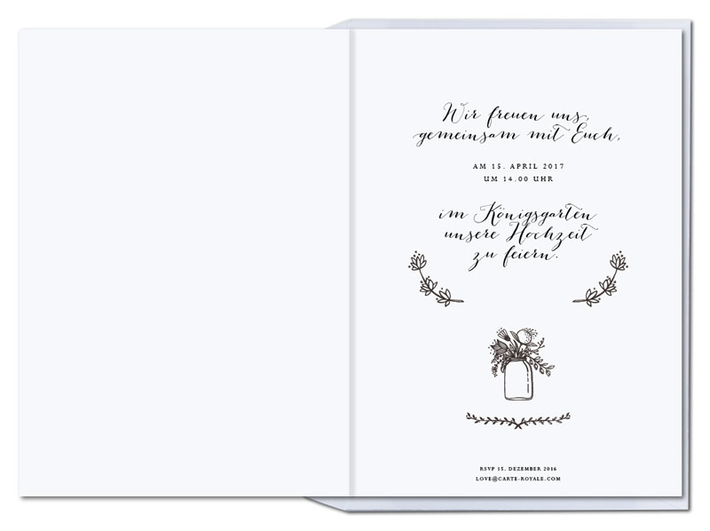 Kalligrafische Einladungen mit gezeichnetem Blumenkranz.